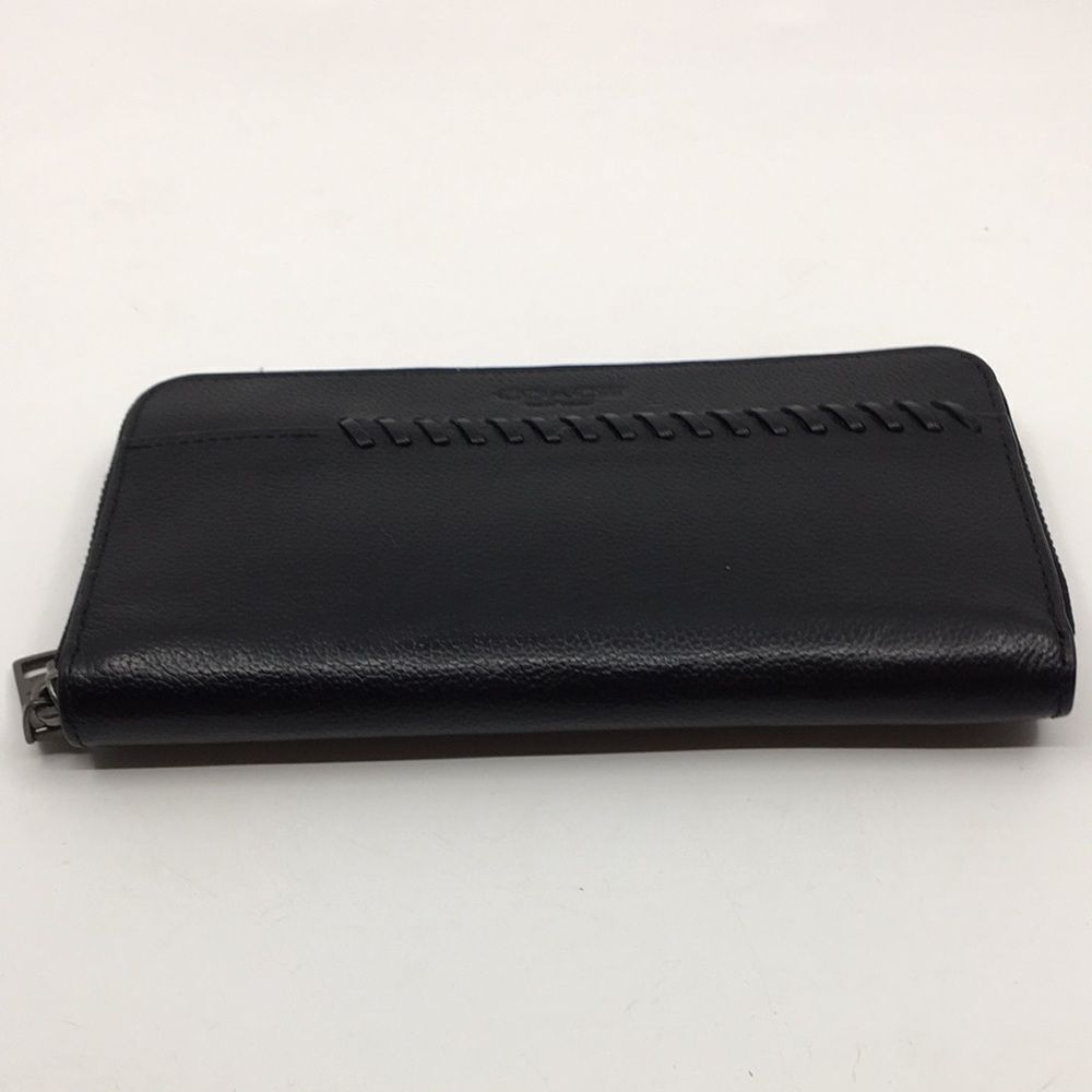 Coach Baseball Stitch Accordion Zip Wallet Black Smooth Calf Leather Unisex - Picture 3 of 16